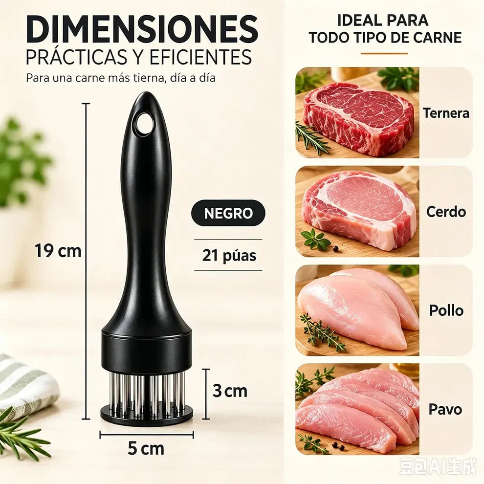 Ablandador De Carne De Acero Inoxidable: ablandador de múltiples agujas para marinar rápidamente y obtener carne más jugosa.