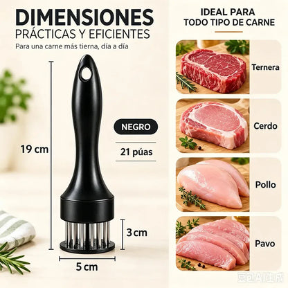 Ablandador De Carne De Acero Inoxidable: ablandador de múltiples agujas para marinar rápidamente y obtener carne más jugosa.