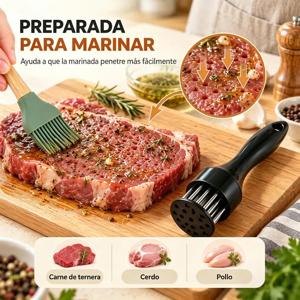 Ablandador De Carne De Acero Inoxidable: ablandador de múltiples agujas para marinar rápidamente y obtener carne más jugosa.