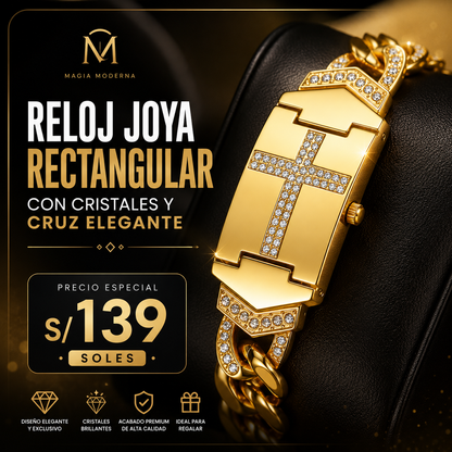 RELOJ JOYA RECTANGULAR CON CRISTALES Y CRUZ ELEGANTE