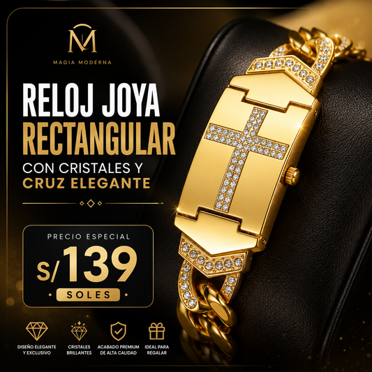 RELOJ JOYA RECTANGULAR CON CRISTALES Y CRUZ ELEGANTE