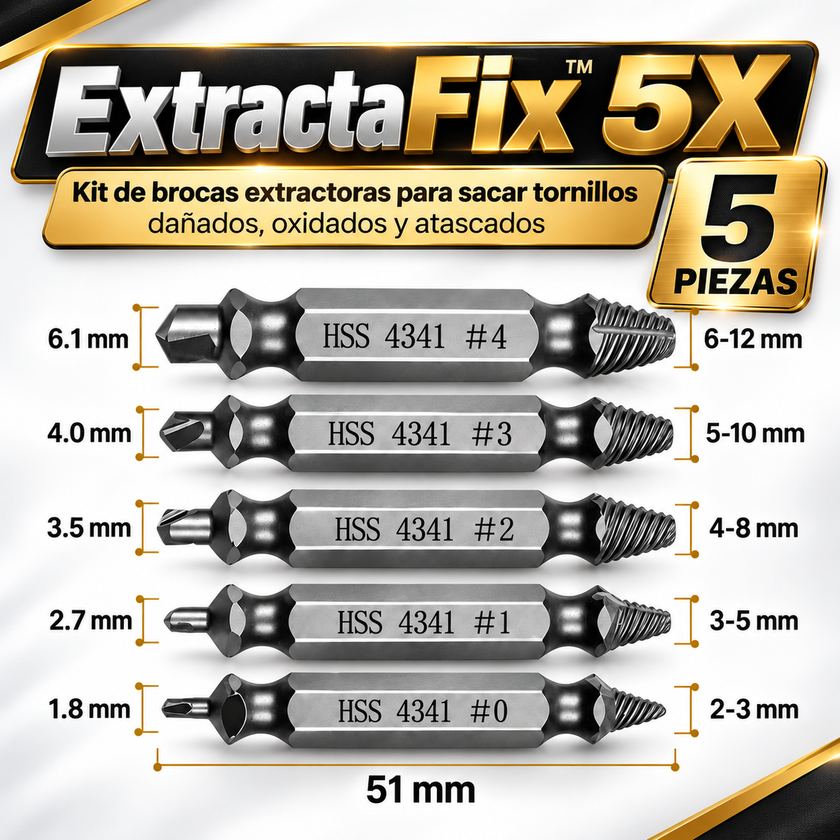 ExtractaFix 5X™ – Kit de brocas extractoras para sacar tornillos dañados, oxidados y atascados