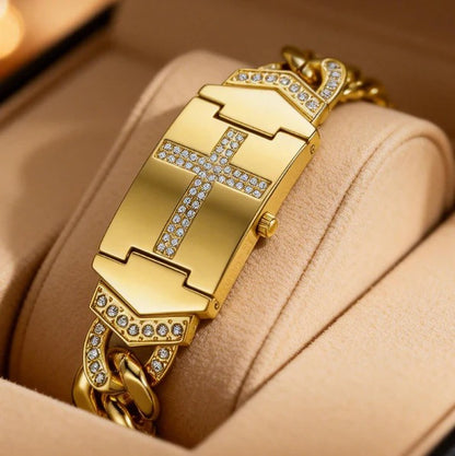 RELOJ JOYA RECTANGULAR CON CRISTALES Y CRUZ ELEGANTE