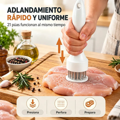 Ablandador De Carne De Acero Inoxidable: ablandador de múltiples agujas para marinar rápidamente y obtener carne más jugosa.