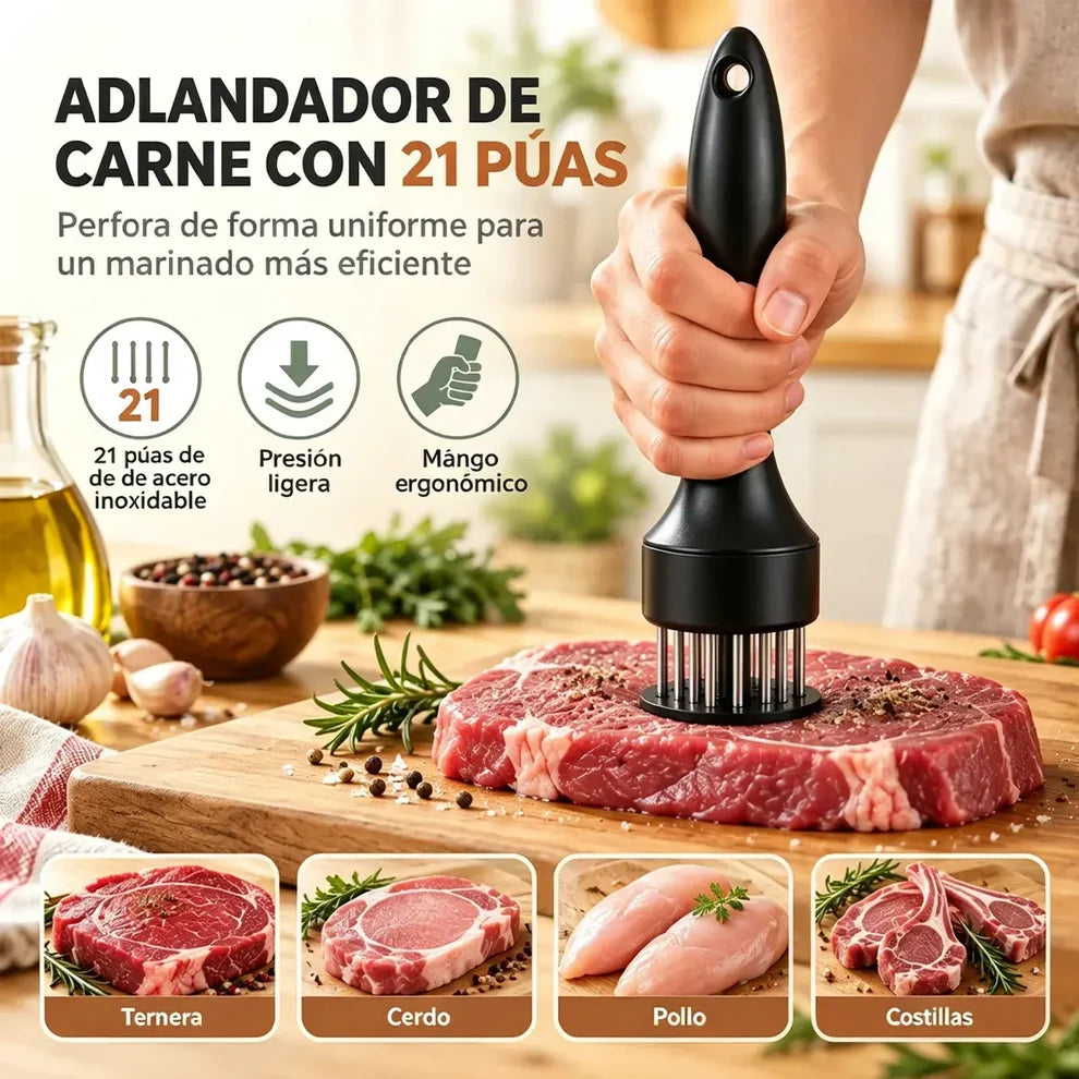 Ablandador De Carne De Acero Inoxidable: ablandador de múltiples agujas para marinar rápidamente y obtener carne más jugosa.