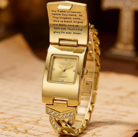 RELOJ JOYA RECTANGULAR CON CRISTALES Y CRUZ ELEGANTE