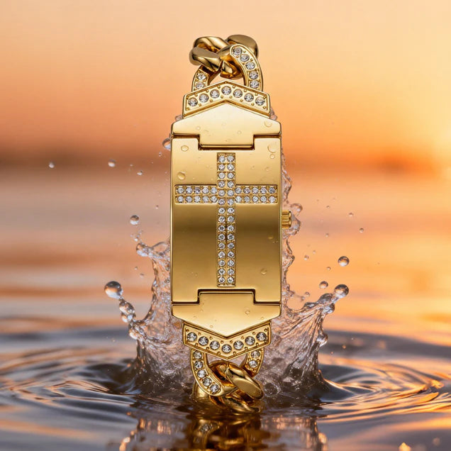 RELOJ JOYA RECTANGULAR CON CRISTALES Y CRUZ ELEGANTE